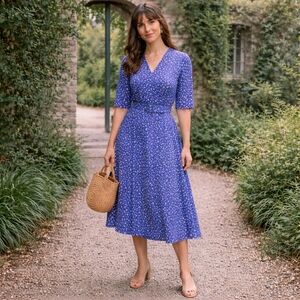 Vintage 70s/80s Blue Floral Midi Dress • Made in Canada • Cottagecore Romantic